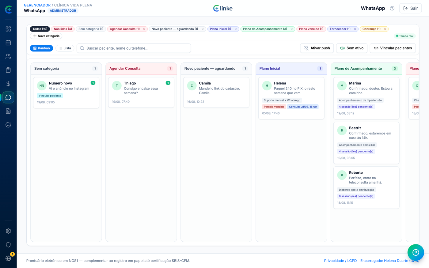 Caixa de entrada do WhatsApp da clínica no Clinke, com as conversas organizadas por etapa